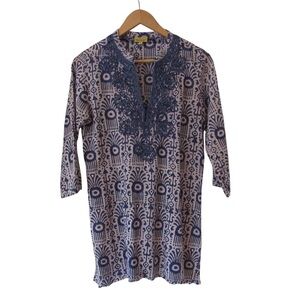 Roberta Roller Rabbit Blue Tunic Top Small Embroidered 3/4 Sleeves Cotton Boho